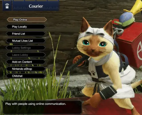 Lobby set up menu in Monster Hunter Rise, available through The Courier palico in the Steelworks area of the village
