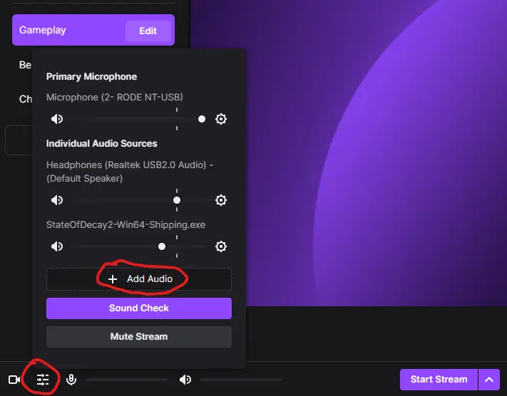 how to fix twitch game sound not working in twitch stream. Screenshot where to find settings