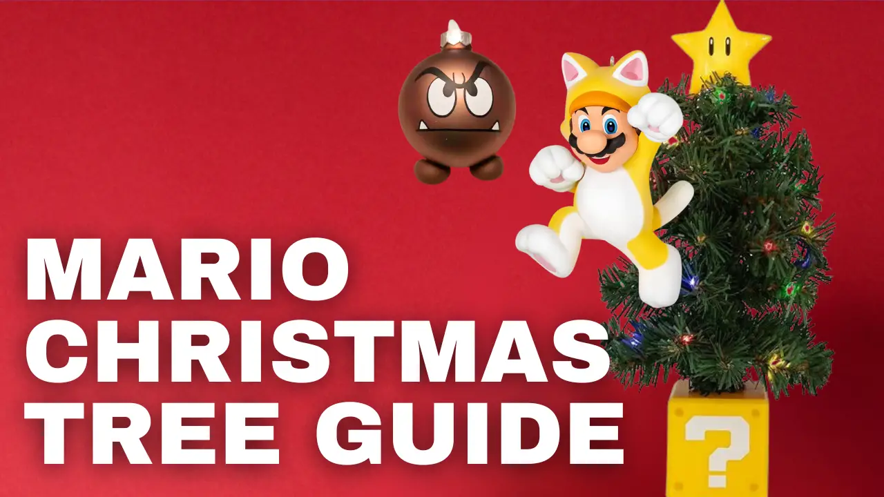 Image with a Mario christmas tree, ornament, and Mario character that says Mario Christmas Tree Guide
